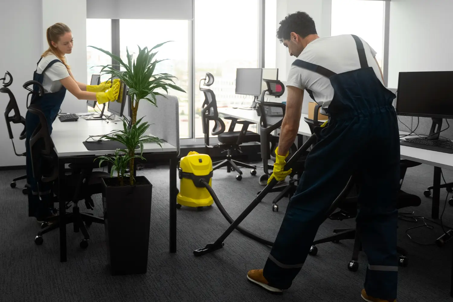 Commercial cleaning team at work